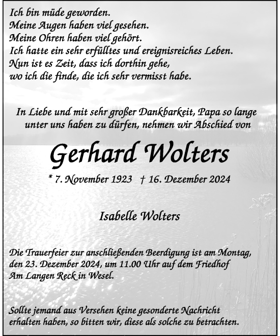 Traueranzeige von Gerhard Wolters von Rheinische Post