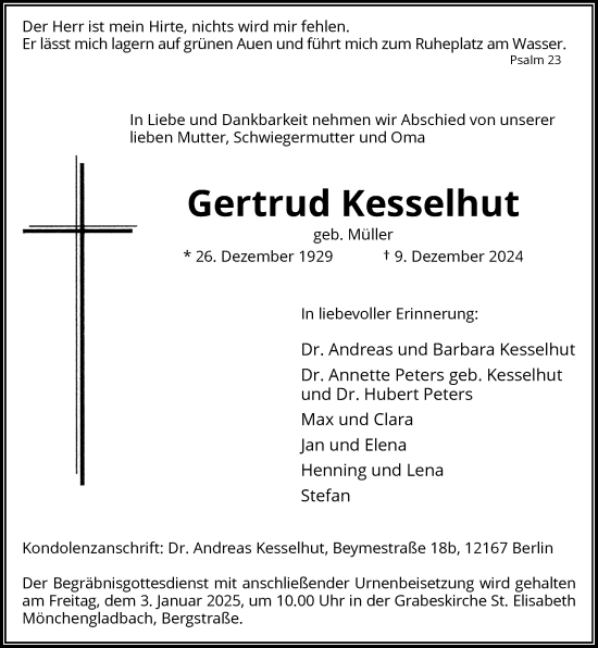 Traueranzeige von Gertrud Kesselhut von Rheinische Post