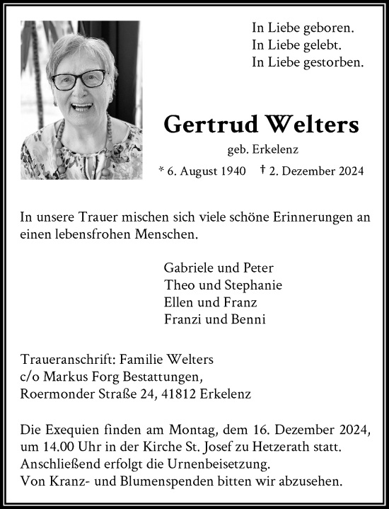 Traueranzeige von Gertrud Welters von Rheinische Post