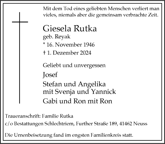 Traueranzeige von Giesela Rutka von Rheinische Post