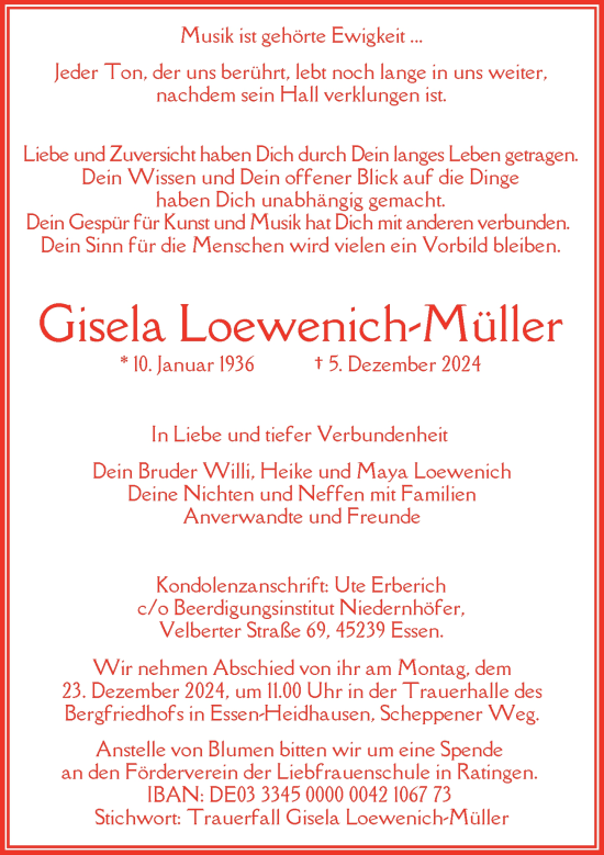 Traueranzeige von Gisela Loewenich-Müller von Rheinische Post