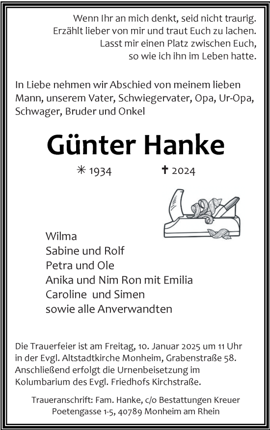 Traueranzeige von Günter Hanke von Rheinische Post