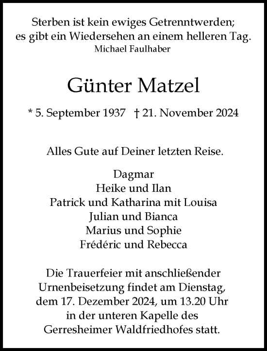 Traueranzeige von Günter Matzel von Rheinische Post