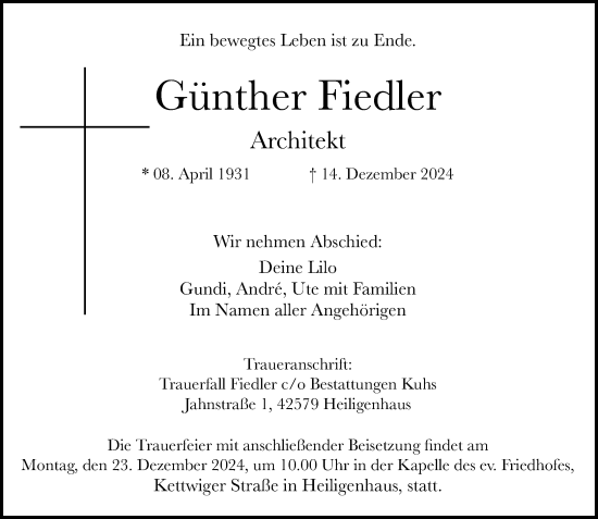 Traueranzeige von Günther Fiedler von Rheinische Post