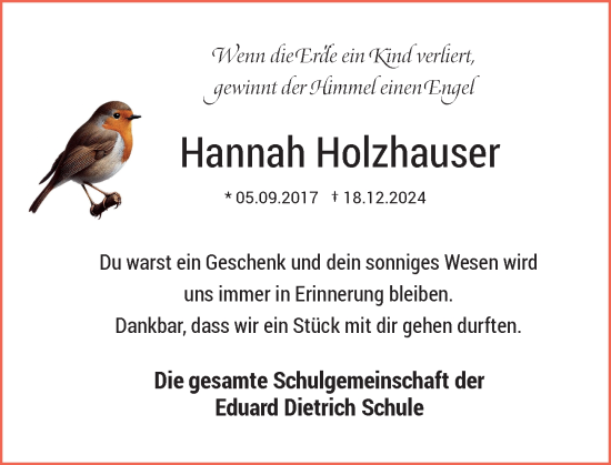 Traueranzeige von Hannah Holzhauser von Rheinische Post