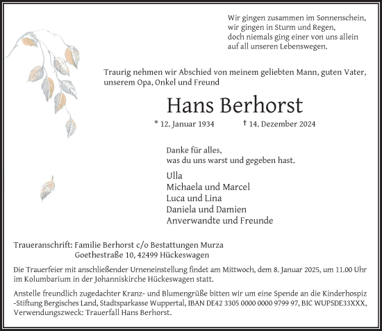 Traueranzeige von Hans Berhorst von Rheinische Post