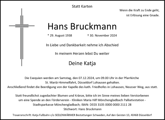 Traueranzeige von Hans Bruckmann von Rheinische Post