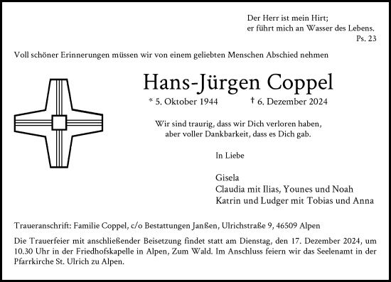 Traueranzeige von Hans-Jürgen Coppel von Rheinische Post