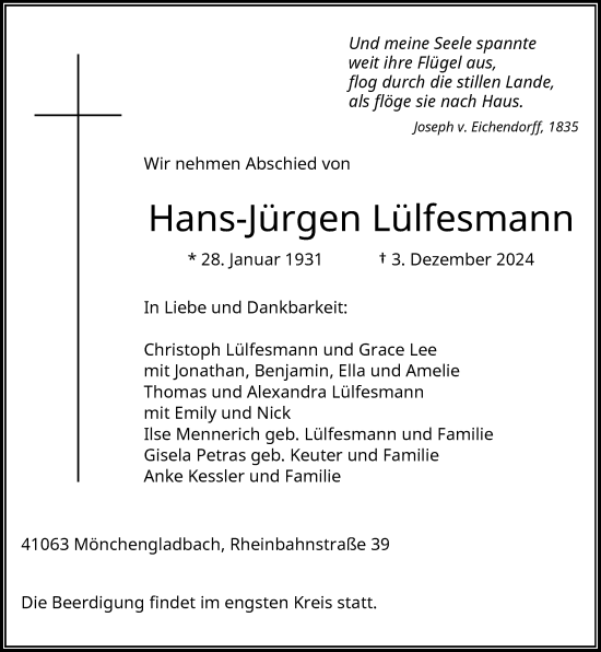 Traueranzeige von Hans-Jürgen Lülfesmann von Rheinische Post