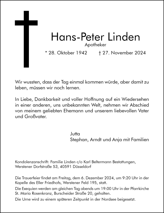 Traueranzeige von Hans-Peter Linden von Rheinische Post