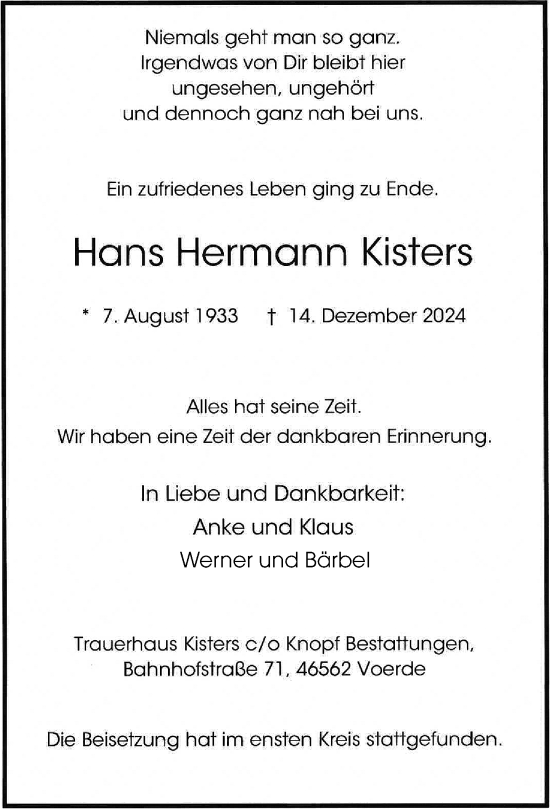 Traueranzeige von Hans Hermann Kisters von Rheinische Post