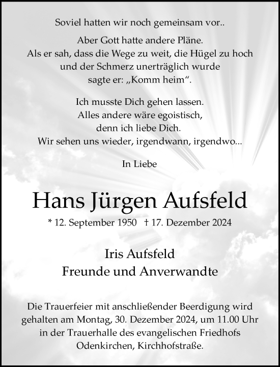 Traueranzeige von Hans Jürgen Aufsfeld von Rheinische Post