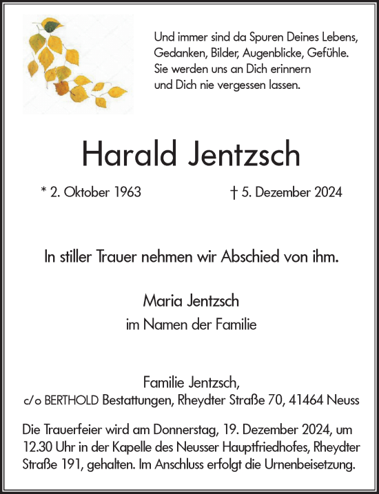 Traueranzeige von Harald Jentzsch von Rheinische Post