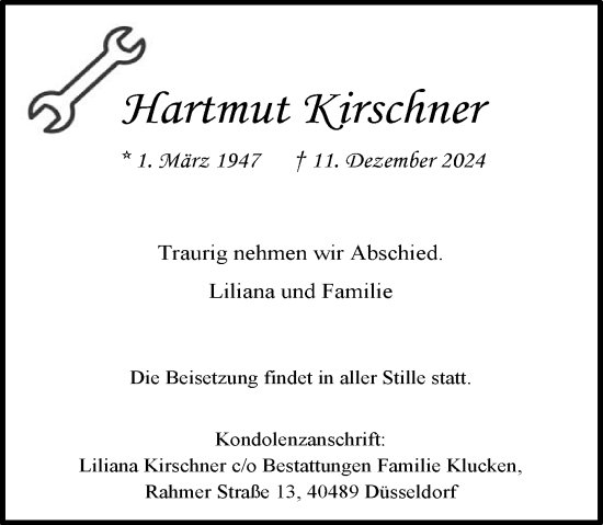 Traueranzeige von Hartmut Kirschner von Rheinische Post