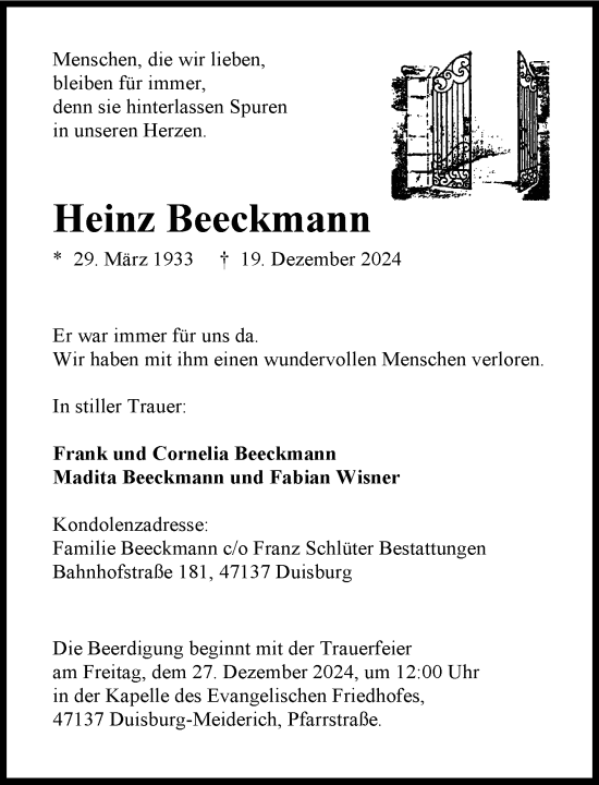 Traueranzeige von Heinz Beeckmann von Rheinische Post