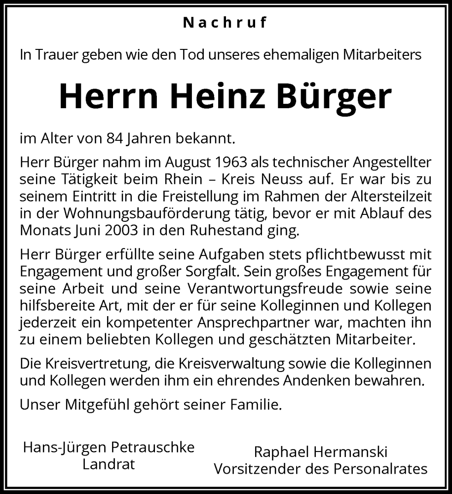 Alle Traueranzeigen Für Heinz Bürger | Trauer.rp-online.de