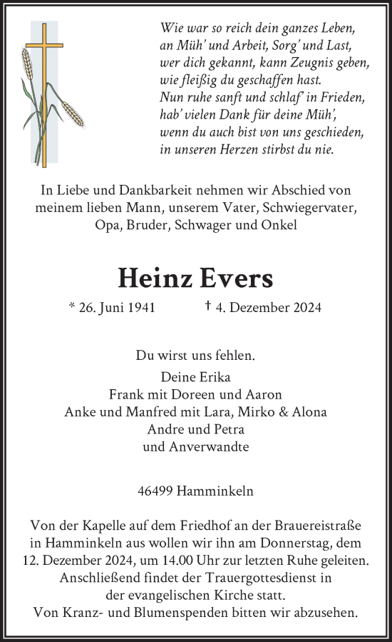 Traueranzeige von Heinz Evers von Rheinische Post