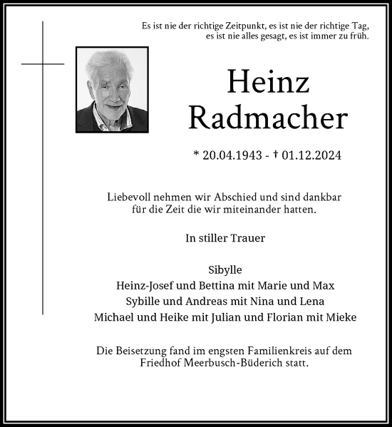 Traueranzeige von Heinz Radmacher von Rheinische Post