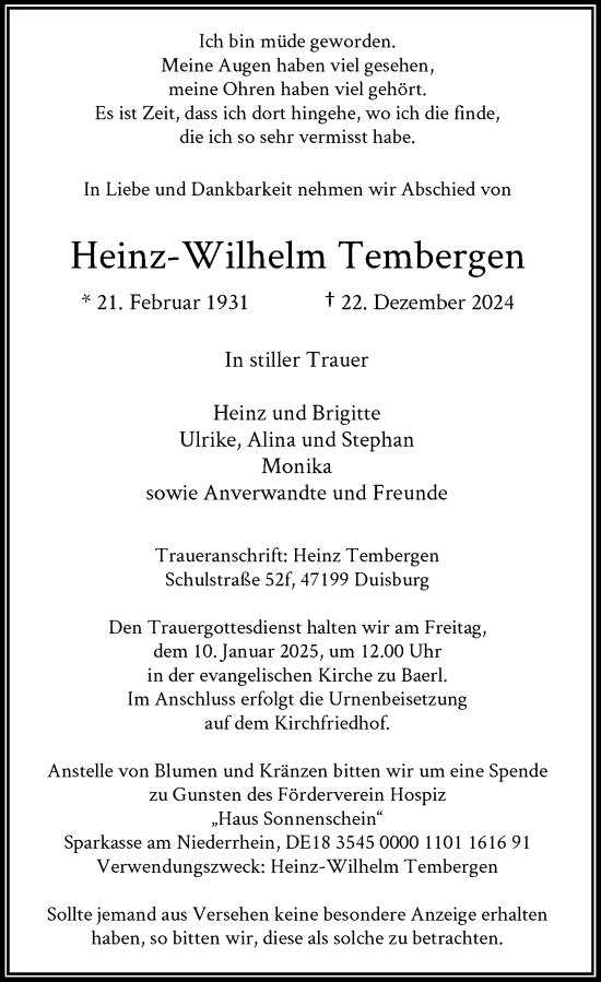 Traueranzeige von Heinz-Wilhelm Tembergen von Rheinische Post