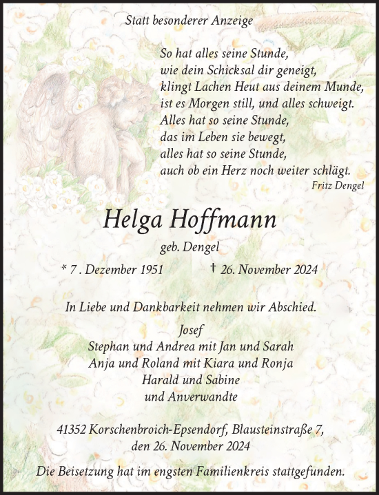 Traueranzeige von Helga Hoffmann von Rheinische Post