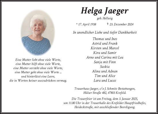 Traueranzeige von Helga Jaeger von Rheinische Post