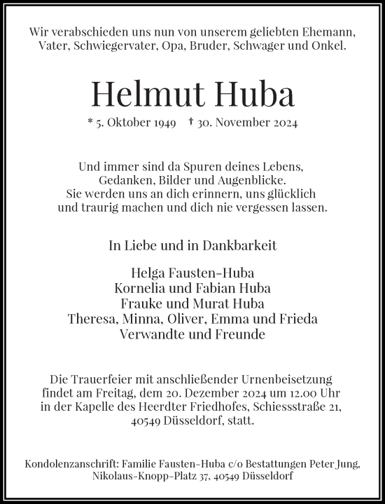 Traueranzeige von Helmut Huba von Rheinische Post