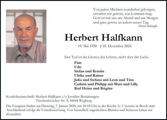 Traueranzeige von Herbert Halfkann von Rheinische Post