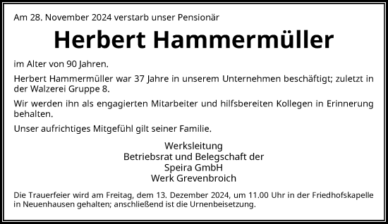 Traueranzeige von Herbert Hammermüller von Rheinische Post