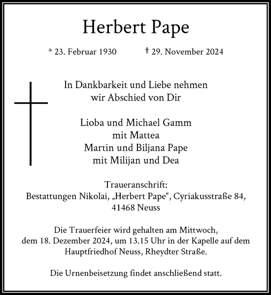 Traueranzeige von Herbert Pape von Rheinische Post