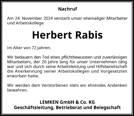 Traueranzeige von Herbert Rabis von Rheinische Post