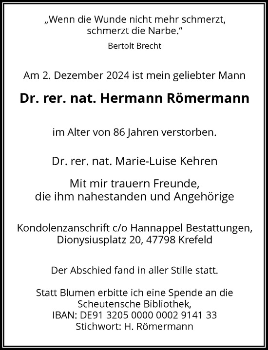 Traueranzeige von Hermann Römermann von Rheinische Post