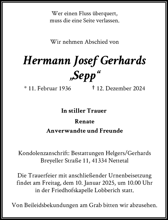 Traueranzeige von Hermann Josef Gerhards von Rheinische Post