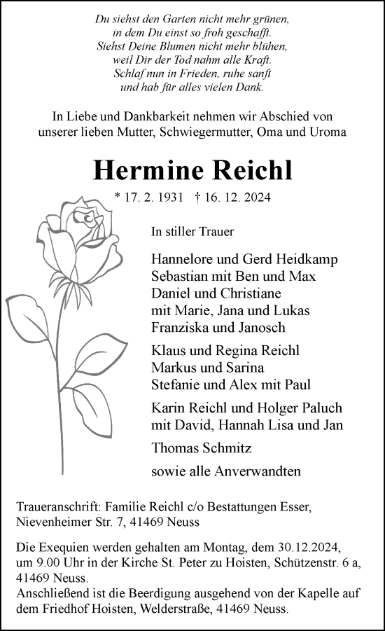 Traueranzeige von Hermine Reichl von Rheinische Post