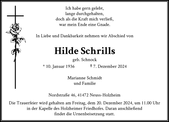 Traueranzeige von Hilde Schrills von Rheinische Post