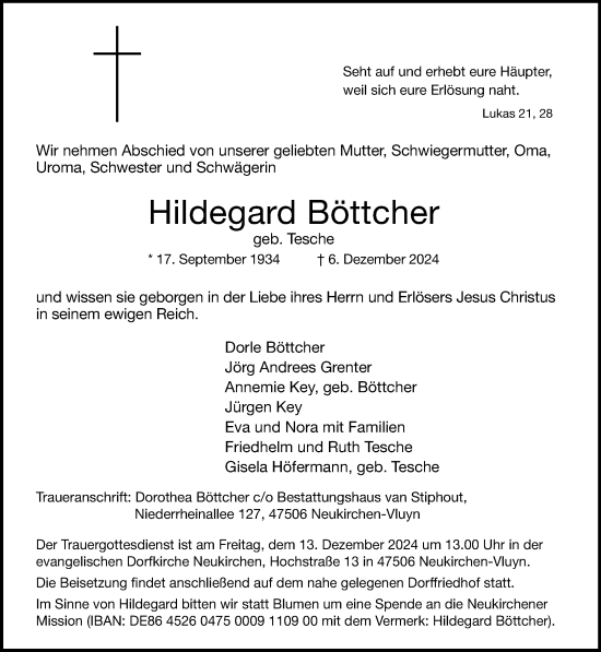 Traueranzeige von Hildegard Böttcher von Rheinische Post