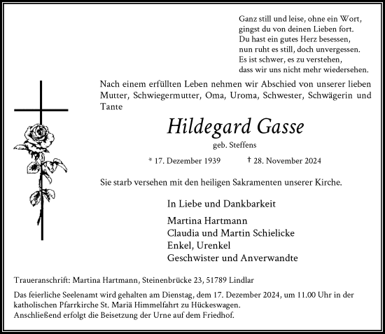 Traueranzeige von Hildegard Gasse von Rheinische Post