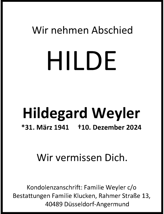 Traueranzeige von Hildegard Weyler von Rheinische Post