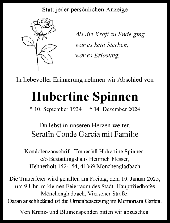 Traueranzeige von Hubertine Spinnen von Rheinische Post