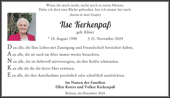 Traueranzeige von Ilse Kerkenpaß von Rheinische Post