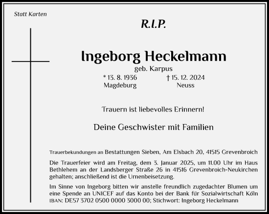 Traueranzeige von Ingeborg Heckelmann von Rheinische Post