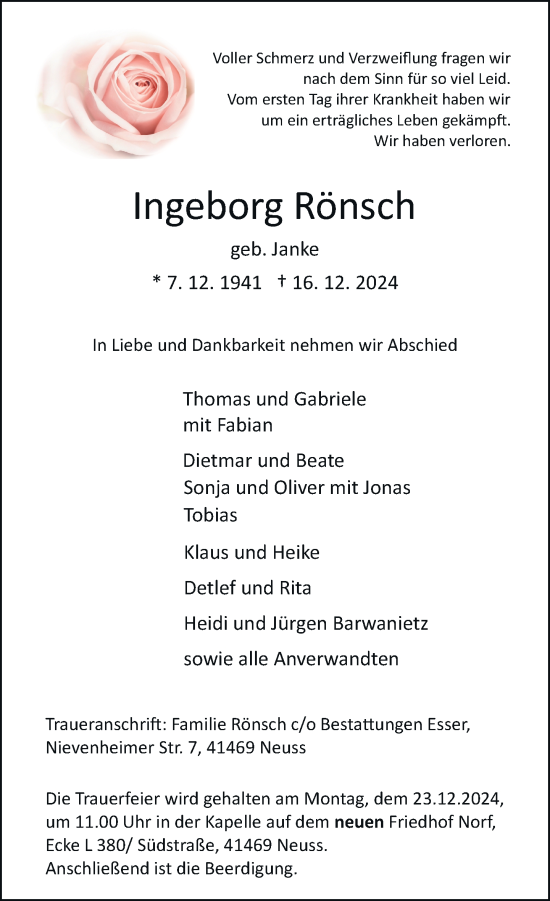 Traueranzeige von Ingeborg Rönsch von Rheinische Post