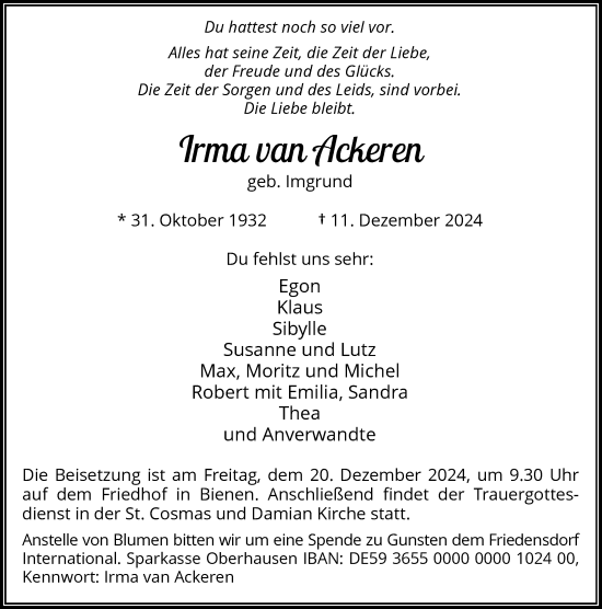 Traueranzeige von Irma van Ackeren von Rheinische Post