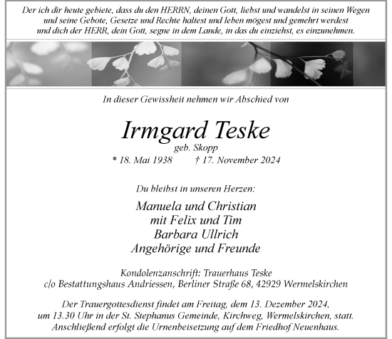 Traueranzeige von Irmgard Teske von Rheinische Post