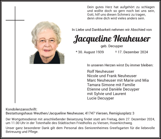 Traueranzeige von Jacqueline Neuheuser von Rheinische Post