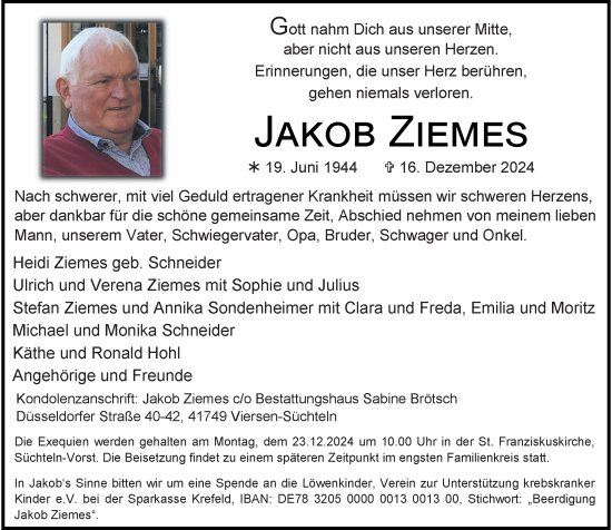 Traueranzeige von Jakob Ziemes von Rheinische Post