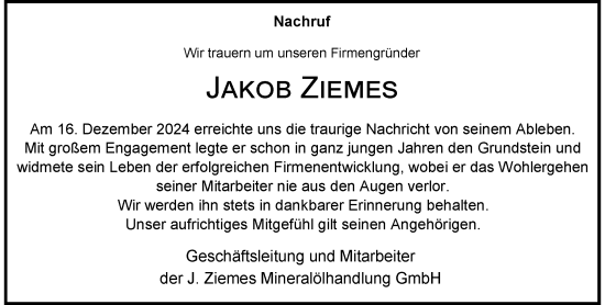 Traueranzeige von Jakob Ziemes von Rheinische Post