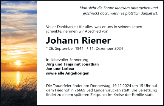 Traueranzeige von Johann Riener von Rheinische Post