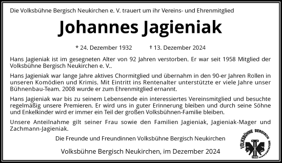 Traueranzeige von Johannes Jagieniak von Rheinische Post