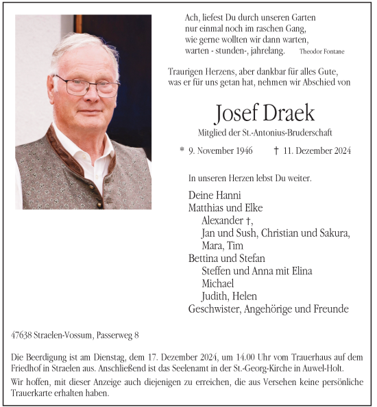 Traueranzeige von Josef Draek von Rheinische Post