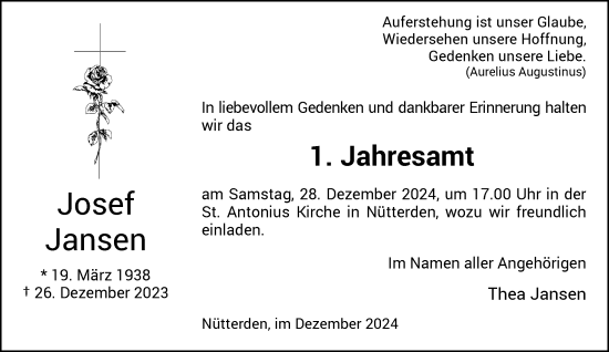 Traueranzeige von Josef Jansen von Rheinische Post